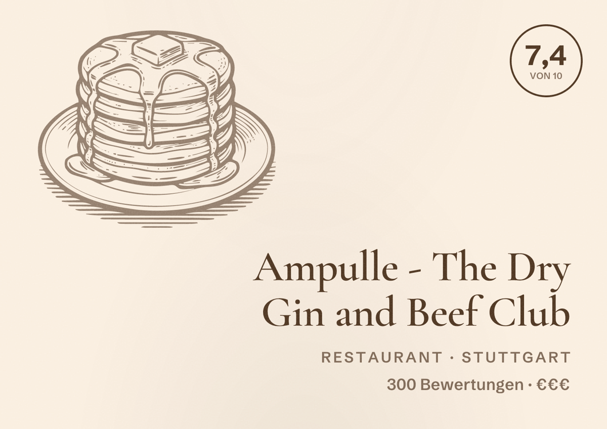 Illustriertes Poster von Ampulle - The Dry Gin and Beef Club, Restaurant in Stuttgart: Bewertung 7,4 von 10 aus 300 Bewertungen, Preisniveau €€€