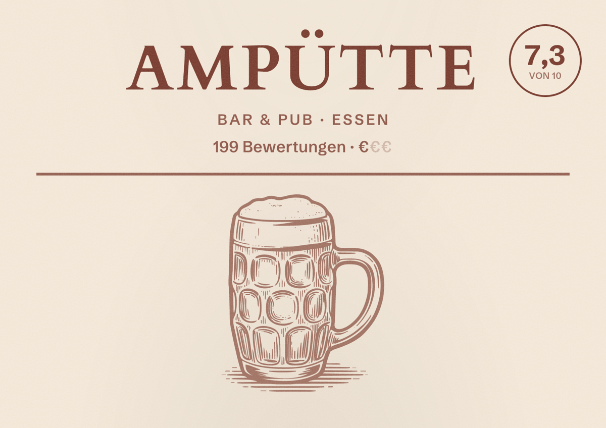 Illustriertes Poster von Ampütte, Bar & Pub in Essen: Bewertung 7,3 von 10 aus 199 Bewertungen, Preisniveau €
