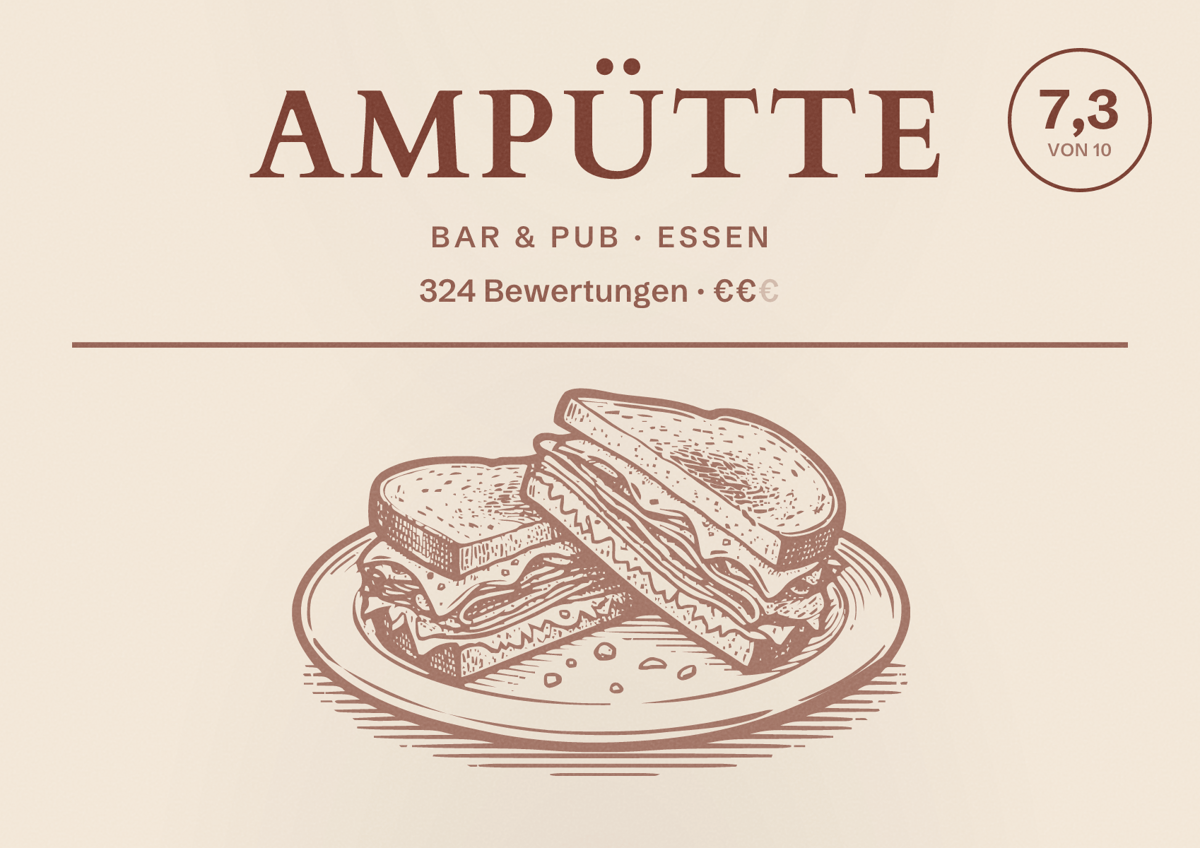 Illustriertes Poster von Ampütte, Bar & Pub in Essen: Bewertung 7,3 von 10 aus 324 Bewertungen, Preisniveau €€