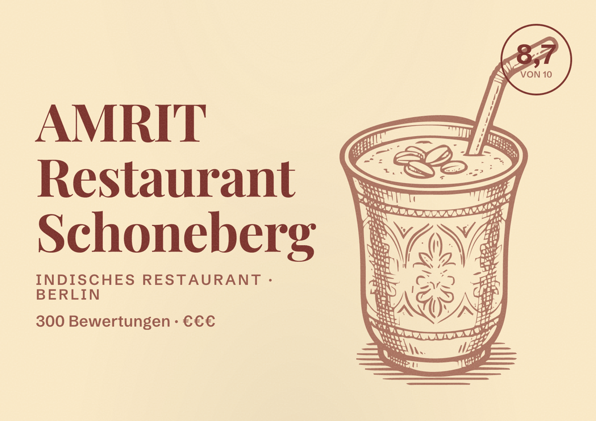 Illustriertes Poster von AMRIT Restaurant Schoneberg, Indisches Restaurant in Berlin: Bewertung 8,7 von 10 aus 300 Bewertungen, Preisniveau €€€