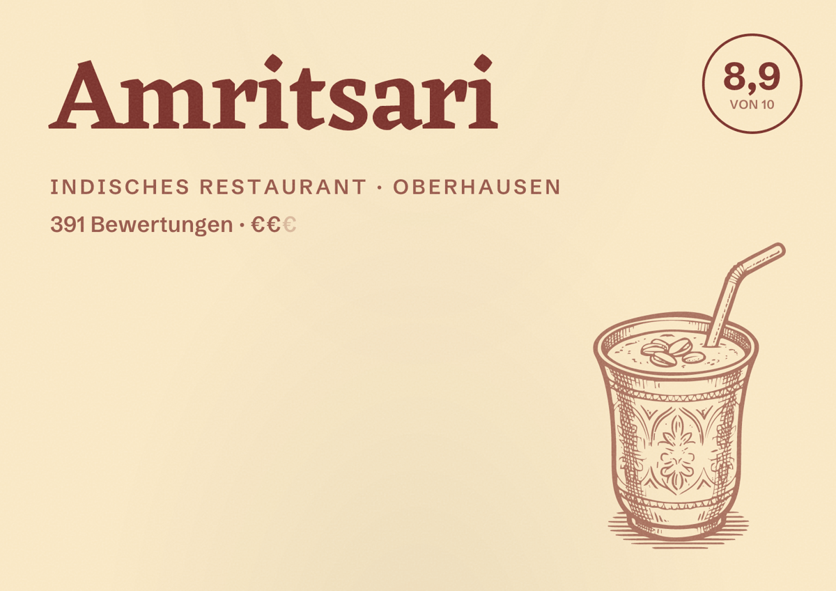 Illustriertes Poster von Amritsari, Indisches Restaurant in Oberhausen: Bewertung 8,9 von 10 aus 391 Bewertungen, Preisniveau €€