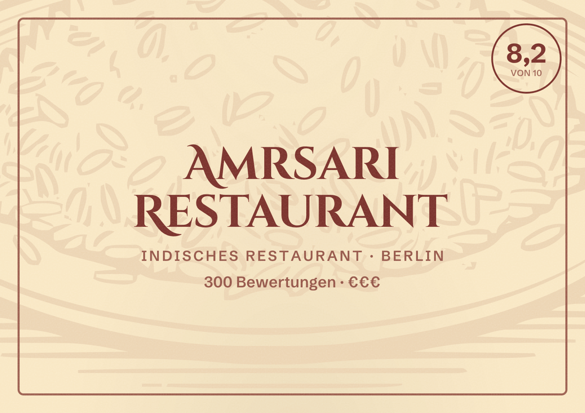 Illustriertes Poster von Amrsari Restaurant, Indisches Restaurant in Berlin: Bewertung 8,2 von 10 aus 300 Bewertungen, Preisniveau €€€