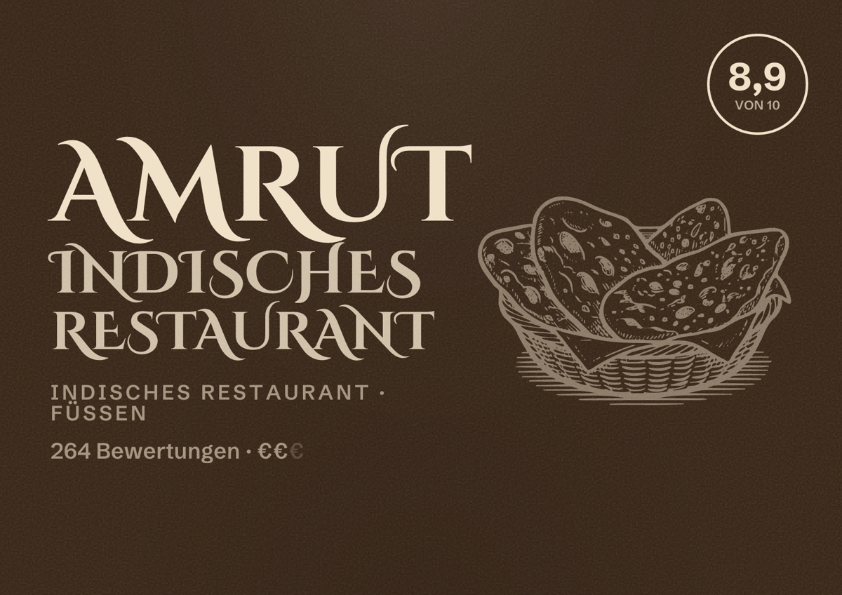 Illustriertes Poster von Amrut Indisches Restaurant, Indisches Restaurant in Füssen: Bewertung 8,9 von 10 aus 264 Bewertungen, Preisniveau €€