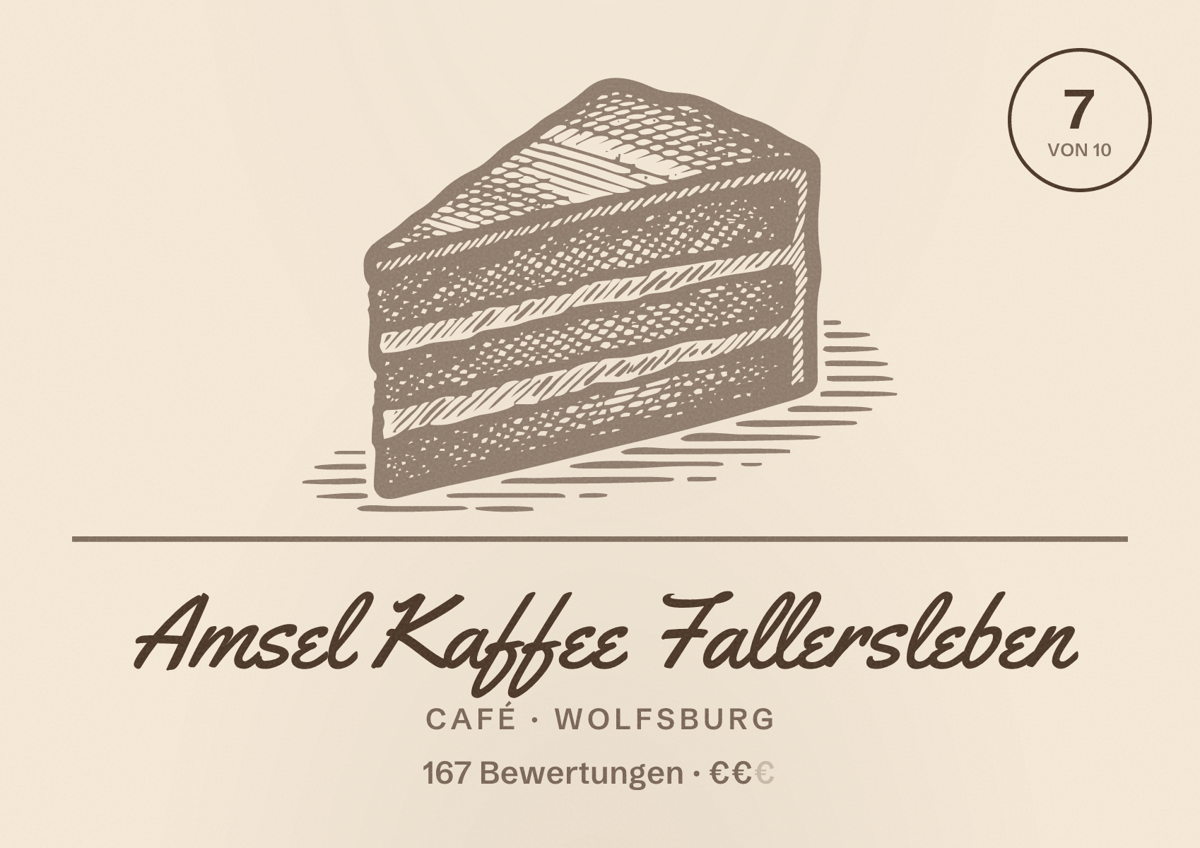 Illustriertes Poster von Amsel Kaffee Fallersleben, Café in Wolfsburg: Bewertung 7 von 10 aus 167 Bewertungen, Preisniveau €€