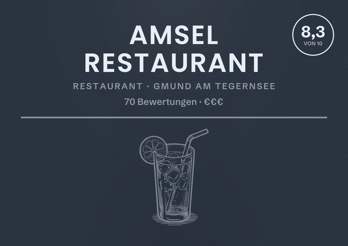 Illustriertes Poster von Amsel Restaurant, Restaurant in Gmund am Tegernsee: Bewertung 8,3 von 10 aus 70 Bewertungen, Preisniveau €€€