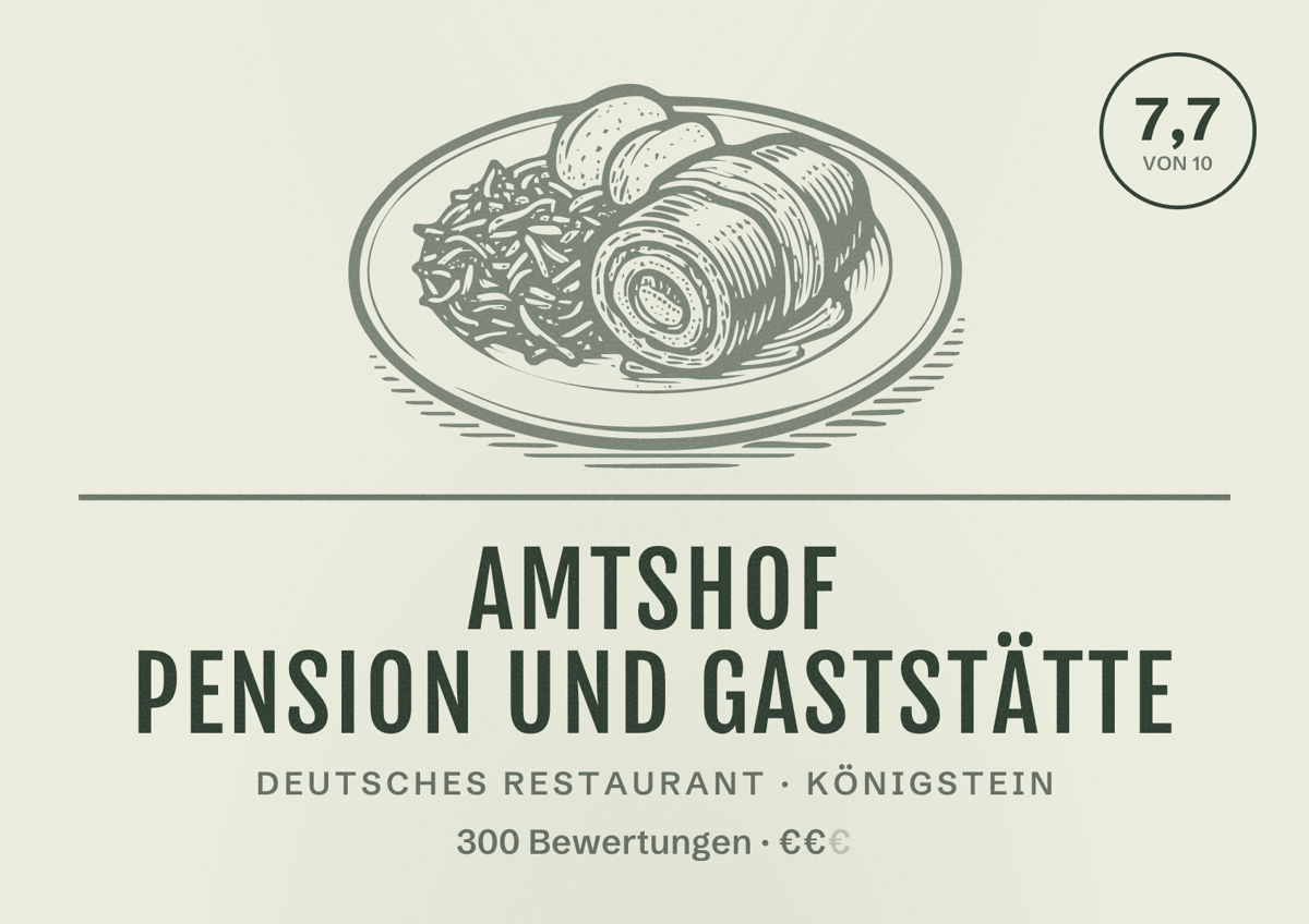 Illustriertes Poster von Amtshof Pension und Gaststätte, Deutsches Restaurant in Königstein: Bewertung 7,7 von 10 aus 300 Bewertungen, Preisniveau €€