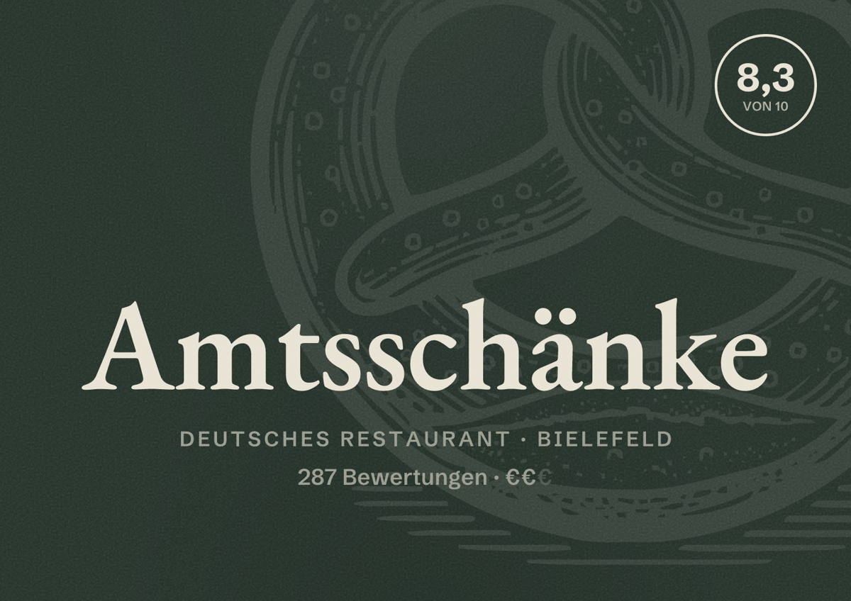 Illustriertes Poster von Amtsschänke, Deutsches Restaurant in Bielefeld: Bewertung 8,3 von 10 aus 287 Bewertungen, Preisniveau €€
