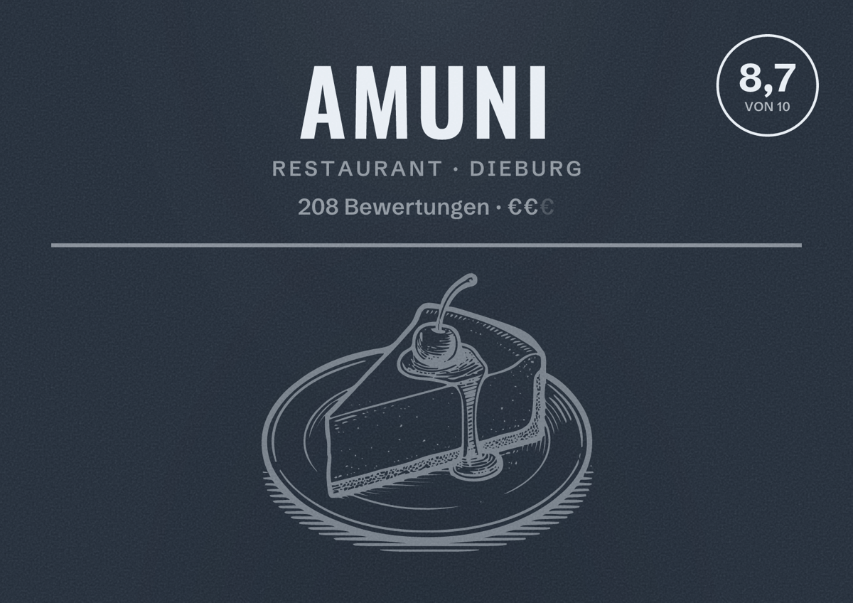 Illustriertes Poster von Amuni, Restaurant in Dieburg: Bewertung 8,7 von 10 aus 208 Bewertungen, Preisniveau €€