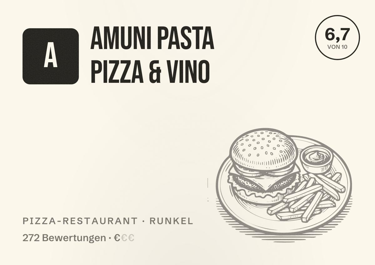 Illustriertes Poster von AMUNI Pasta Pizza & Vino, Pizza-Restaurant in Runkel: Bewertung 6,7 von 10 aus 272 Bewertungen, Preisniveau €