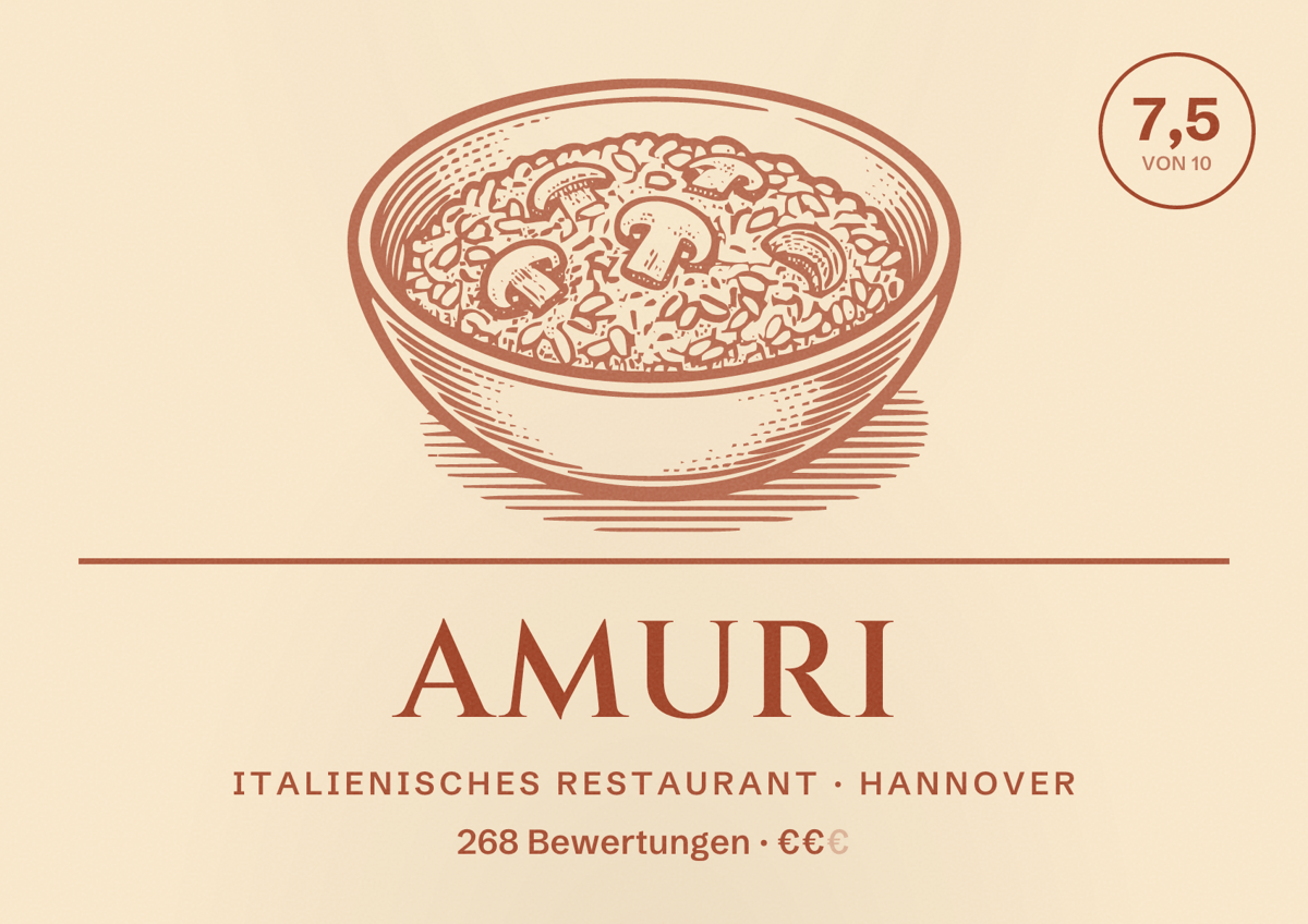 Illustriertes Poster von AMURI, Italienisches Restaurant in Hannover: Bewertung 7,5 von 10 aus 268 Bewertungen, Preisniveau €€