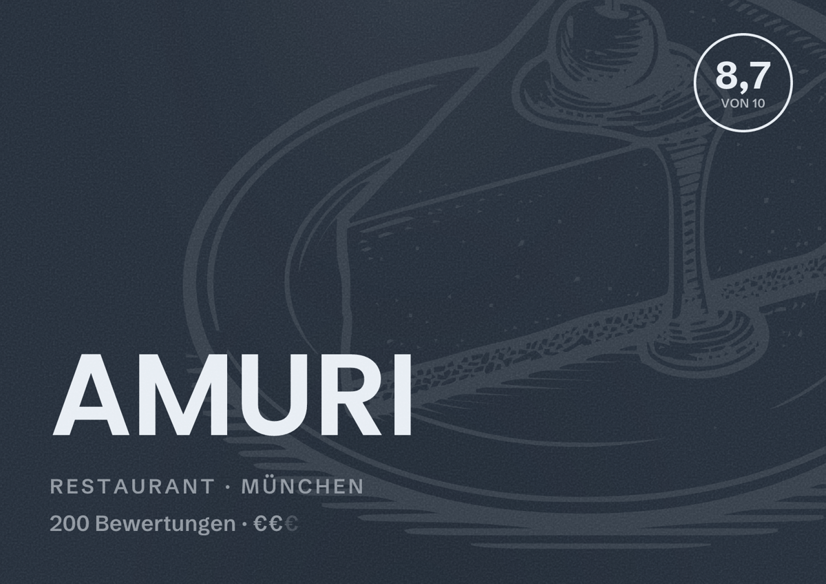 Illustriertes Poster von AMURI, Restaurant in München: Bewertung 8,7 von 10 aus 200 Bewertungen, Preisniveau €€