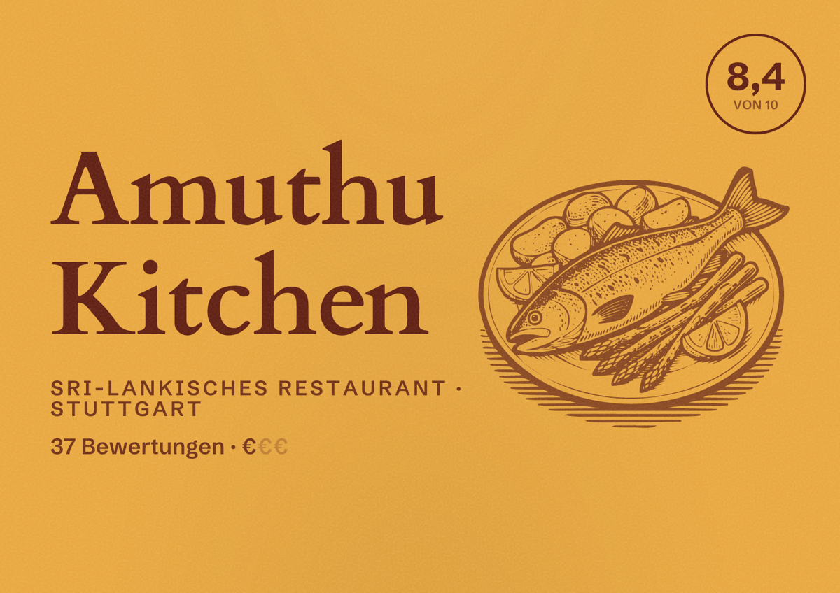 Illustriertes Poster von Amuthu Kitchen, Sri-Lankisches Restaurant in Stuttgart: Bewertung 8,4 von 10 aus 37 Bewertungen, Preisniveau €