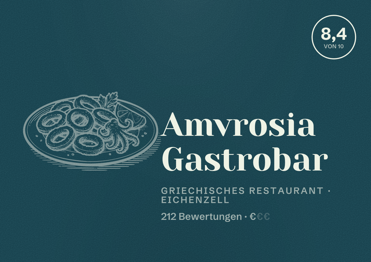 Illustriertes Poster von Amvrosia Gastrobar, Griechisches Restaurant in Eichenzell: Bewertung 8,4 von 10 aus 212 Bewertungen, Preisniveau €