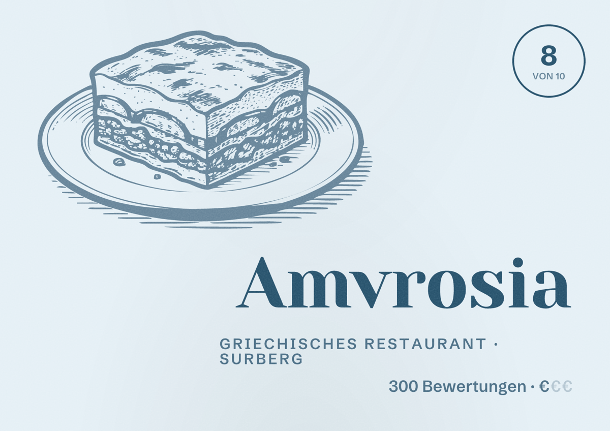 Illustriertes Poster von Amvrosia, Griechisches Restaurant in Surberg: Bewertung 8 von 10 aus 300 Bewertungen, Preisniveau €