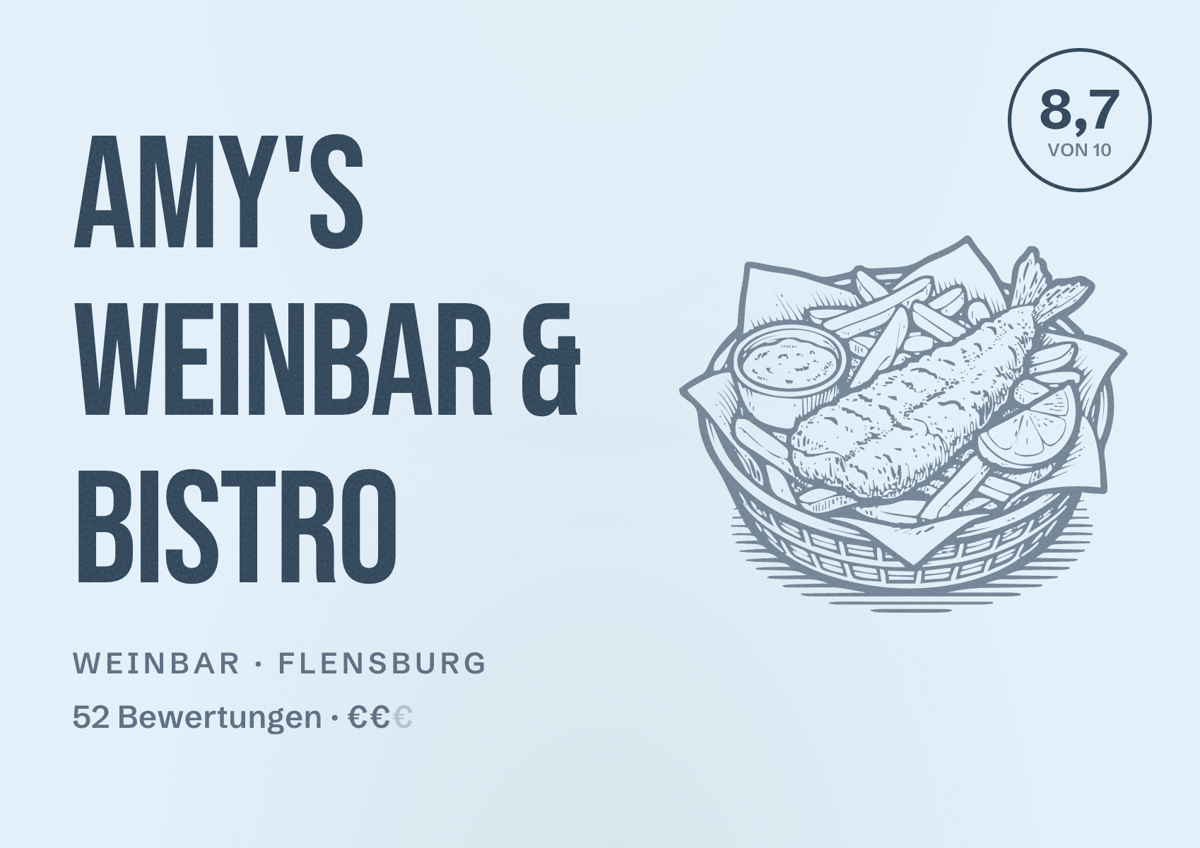 Illustriertes Poster von Amy's Weinbar & Bistro, Weinbar in Flensburg: Bewertung 8,7 von 10 aus 52 Bewertungen, Preisniveau €€