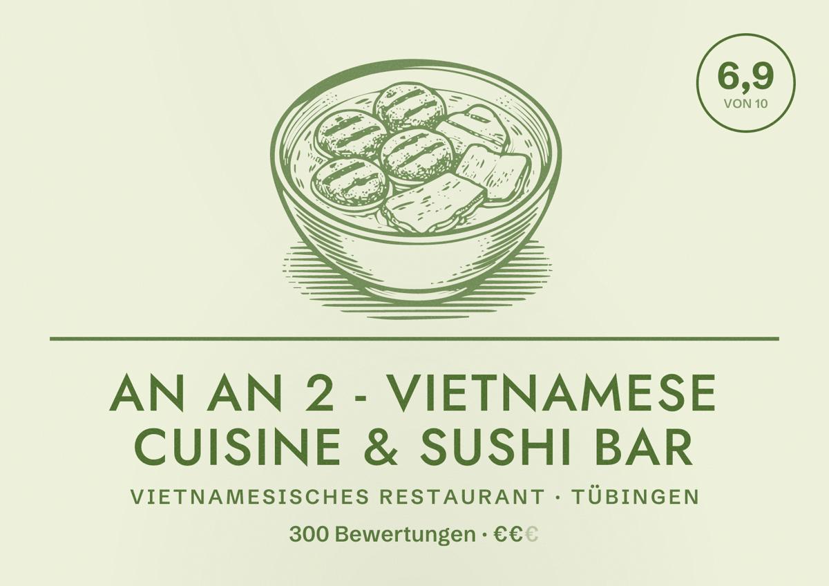 Illustriertes Poster von An An 2 - Vietnamese Cuisine & Sushi Bar, Vietnamesisches Restaurant in Tübingen: Bewertung 6,9 von 10 aus 300 Bewertungen, Preisniveau €€