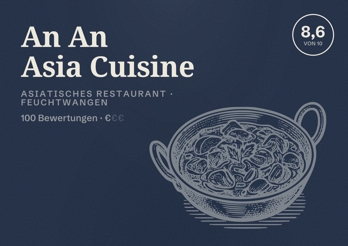 Illustriertes Poster von An An Asia Cuisine, Asiatisches Restaurant in Feuchtwangen: Bewertung 8,6 von 10 aus 100 Bewertungen, Preisniveau €