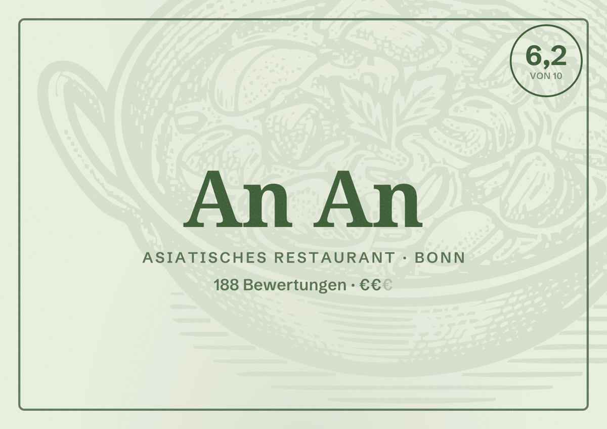 Illustriertes Poster von An An, Asiatisches Restaurant in Bonn: Bewertung 6,2 von 10 aus 188 Bewertungen, Preisniveau €€