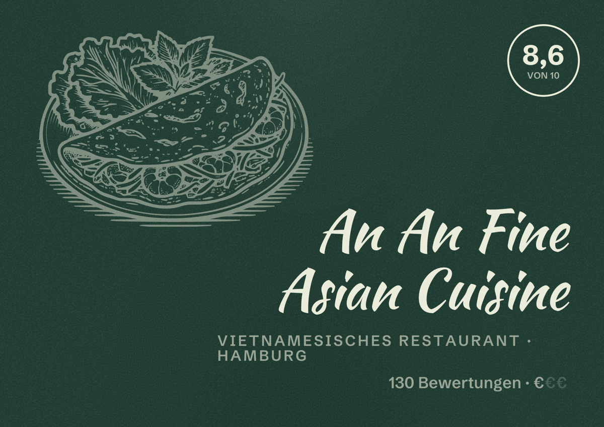 Illustriertes Poster von An An Fine Asian Cuisine, Vietnamesisches Restaurant in Hamburg: Bewertung 8,6 von 10 aus 130 Bewertungen, Preisniveau €