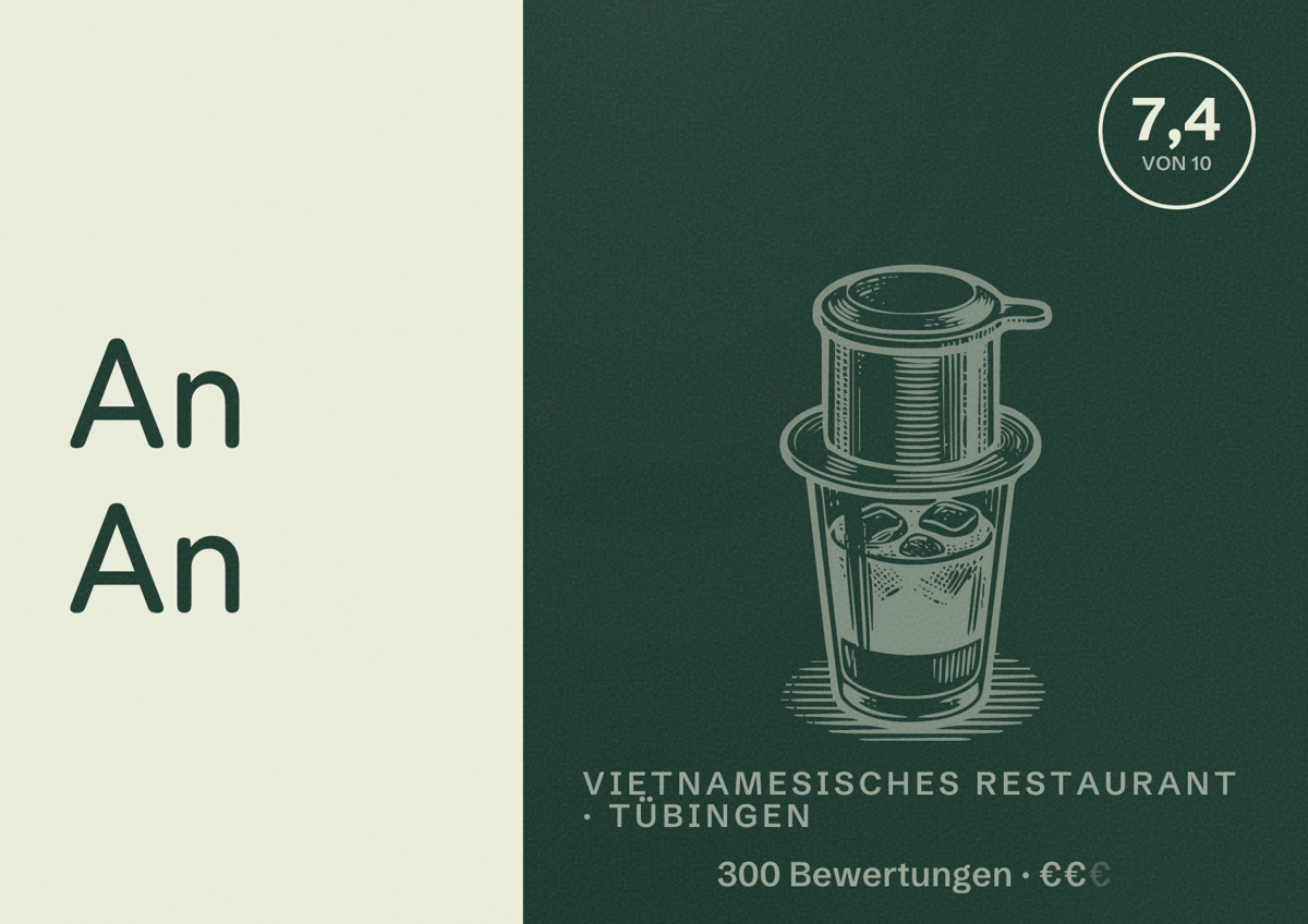 Illustriertes Poster von An An, Vietnamesisches Restaurant in Tübingen: Bewertung 7,4 von 10 aus 300 Bewertungen, Preisniveau €€