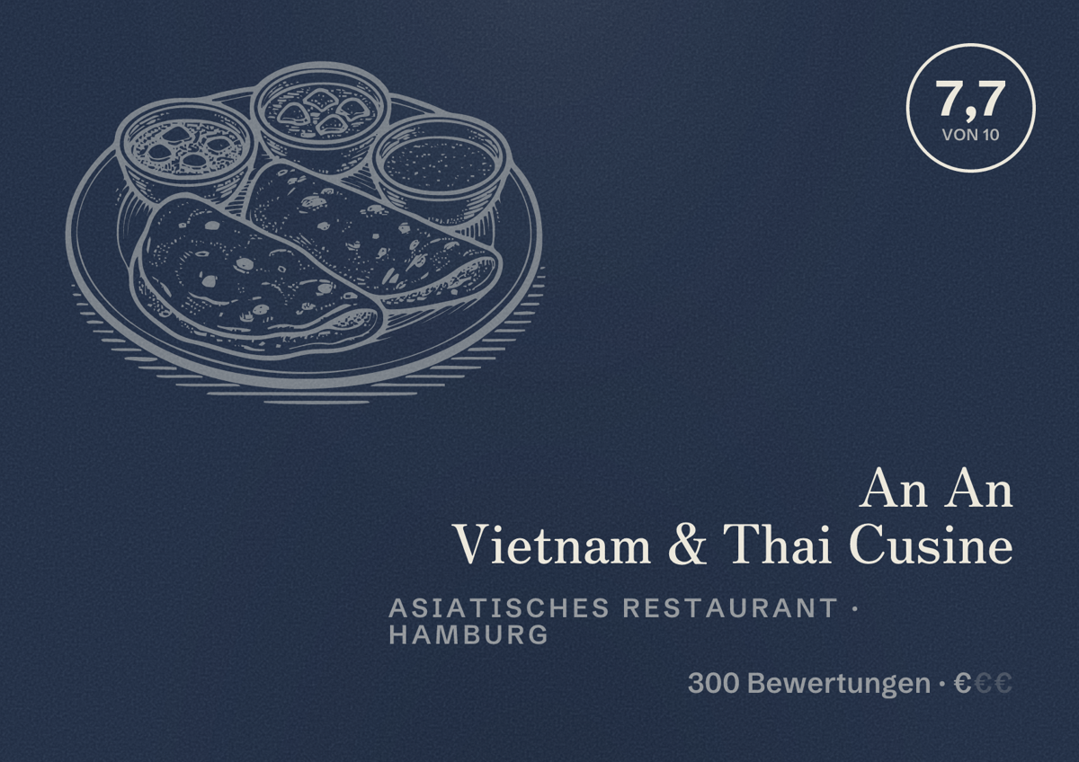 Illustriertes Poster von An An Vietnam & Thai Cusine, Asiatisches Restaurant in Hamburg: Bewertung 7,7 von 10 aus 300 Bewertungen, Preisniveau €