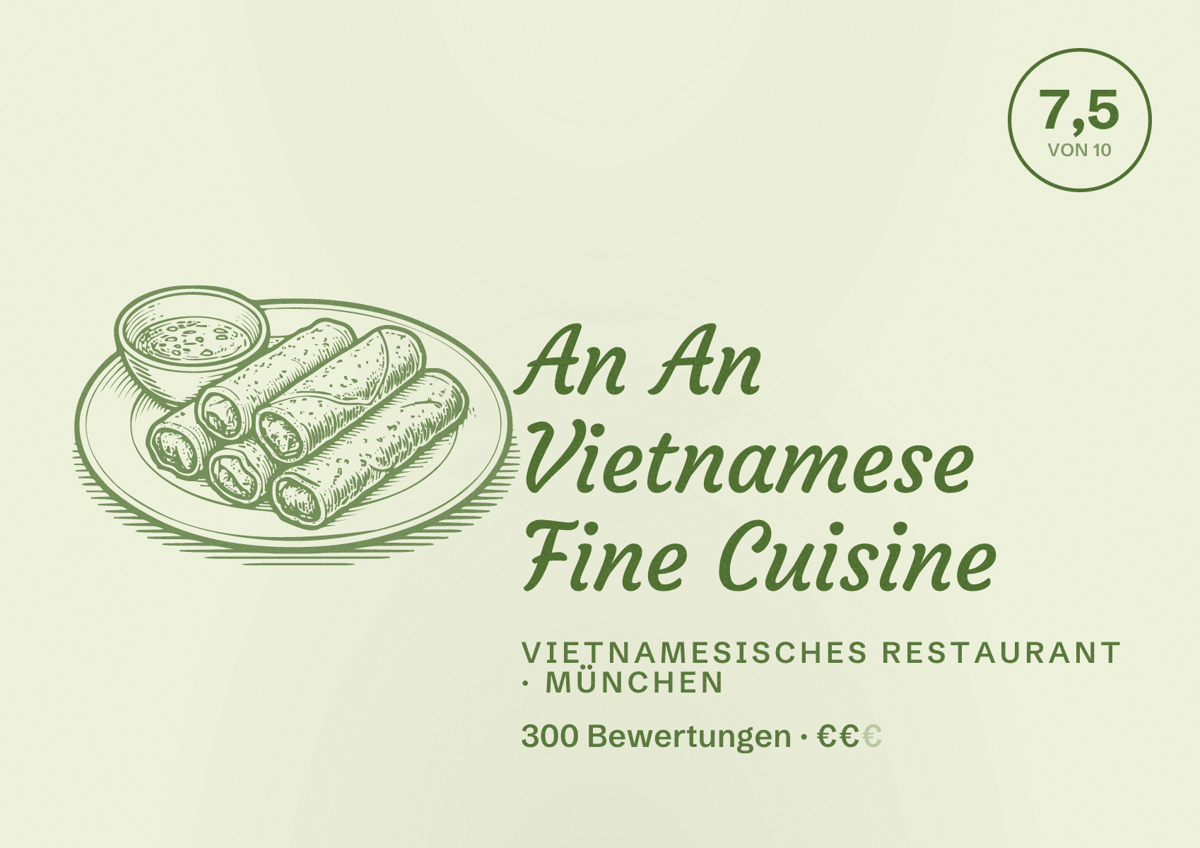 Illustriertes Poster von An An Vietnamese Fine Cuisine, Vietnamesisches Restaurant in München: Bewertung 7,5 von 10 aus 300 Bewertungen, Preisniveau €€