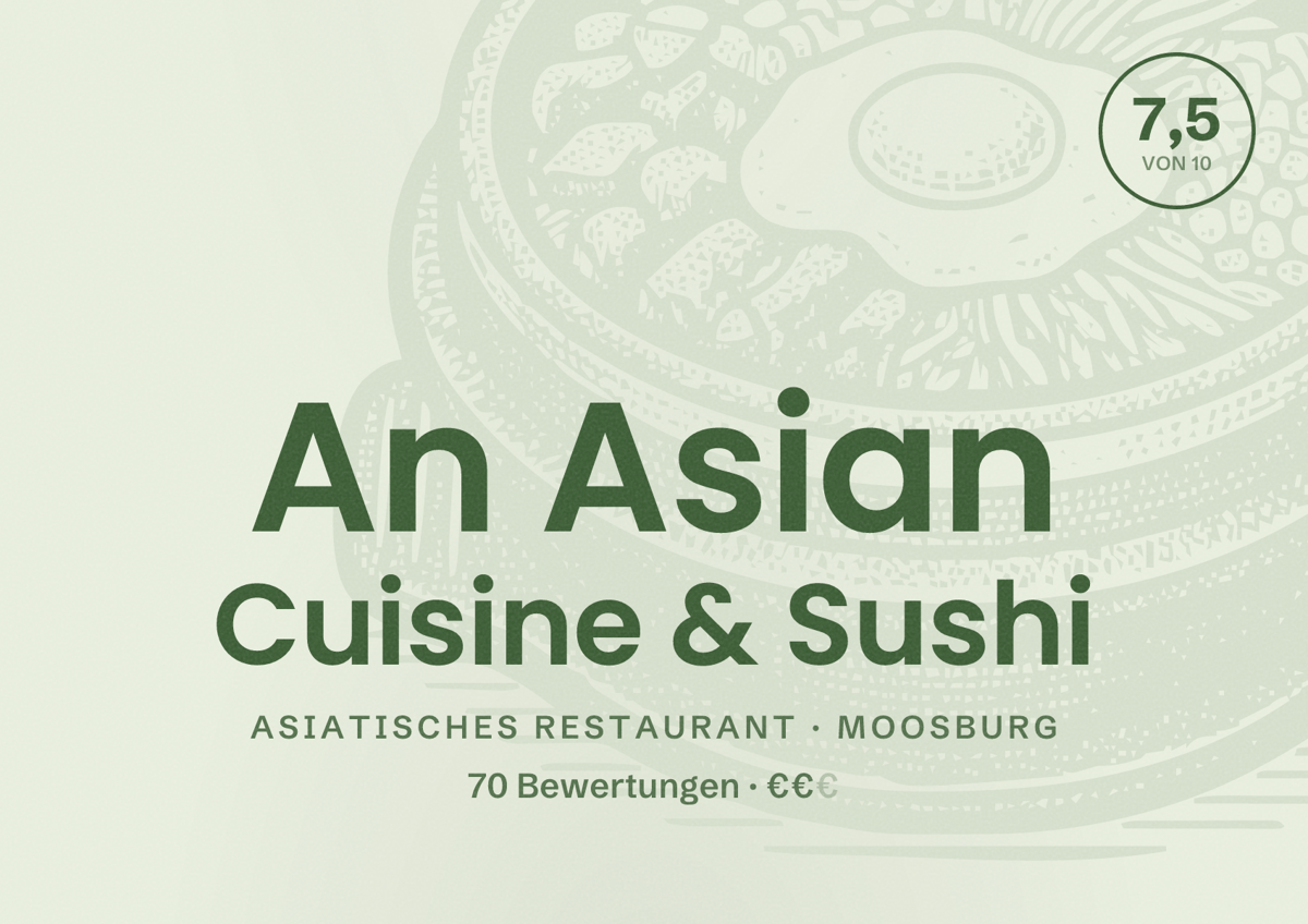 Illustriertes Poster von An Asian Cuisine & Sushi, Asiatisches Restaurant in Moosburg: Bewertung 7,5 von 10 aus 70 Bewertungen, Preisniveau €€