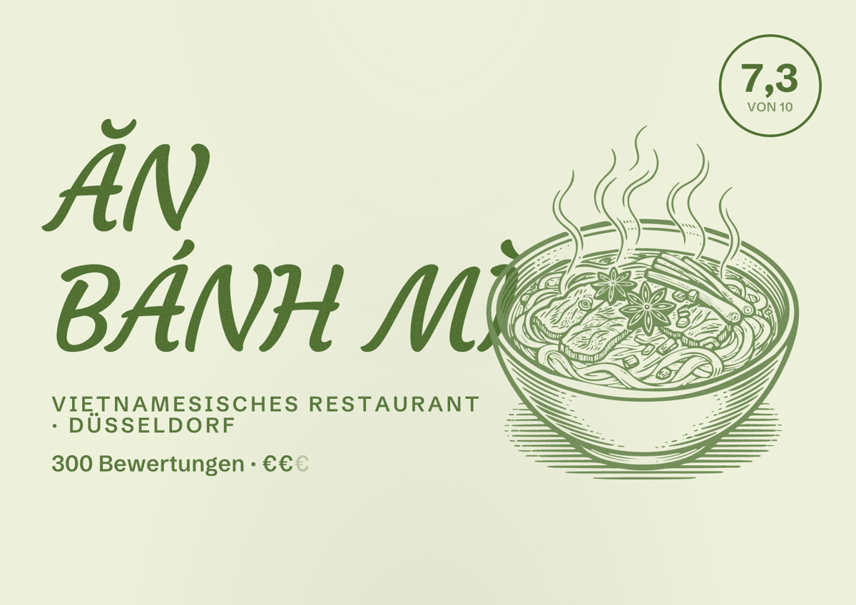 Illustriertes Poster von ĂN BÁNH MÌ, Vietnamesisches Restaurant in Düsseldorf: Bewertung 7,3 von 10 aus 300 Bewertungen, Preisniveau €€