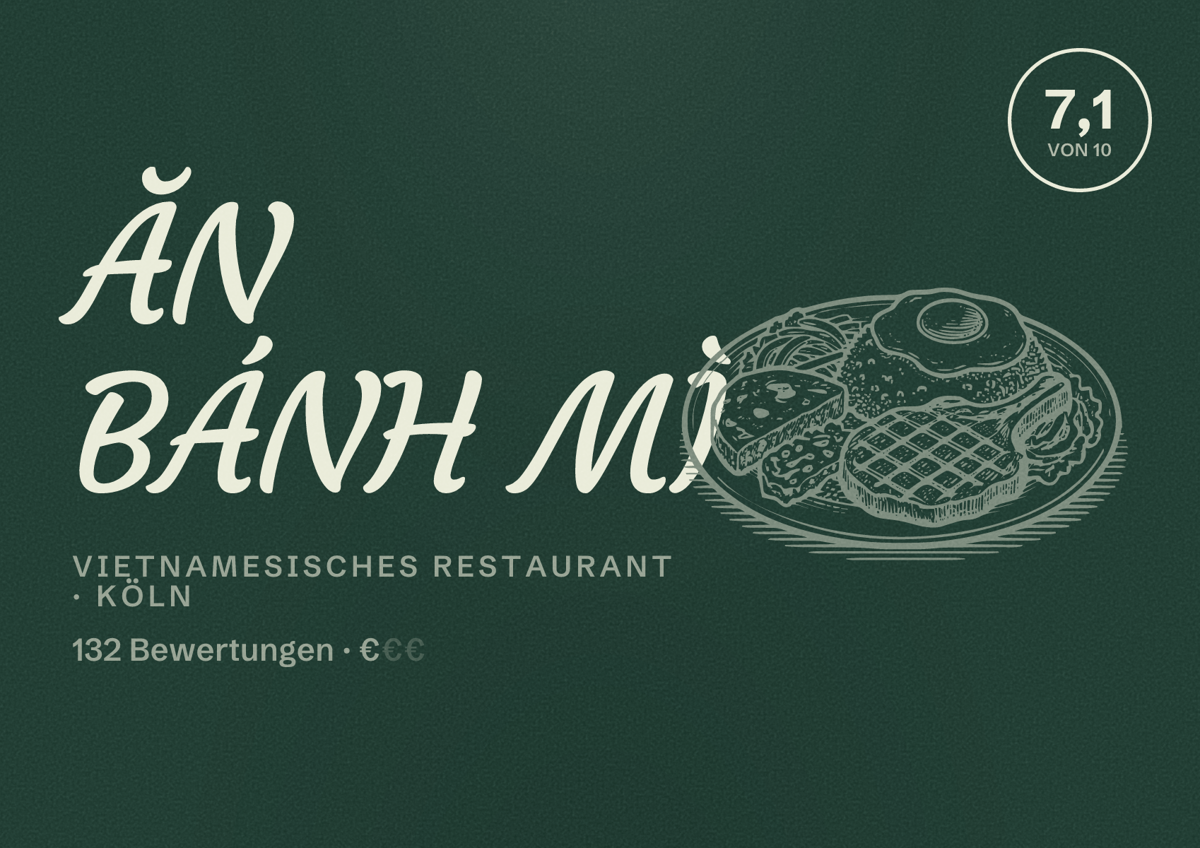 Illustriertes Poster von ĂN BÁNH MÌ, Vietnamesisches Restaurant in Köln: Bewertung 7,1 von 10 aus 132 Bewertungen, Preisniveau €