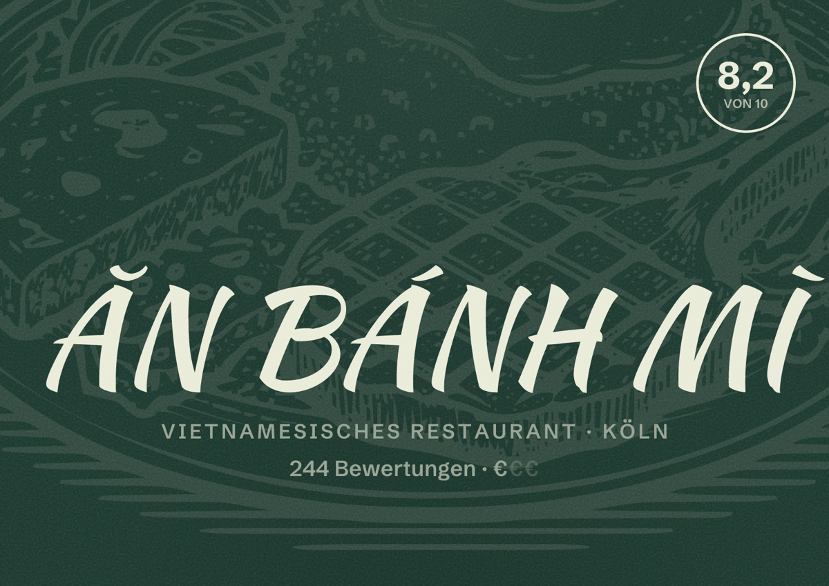 Illustriertes Poster von ĂN BÁNH MÌ, Vietnamesisches Restaurant in Köln: Bewertung 8,2 von 10 aus 244 Bewertungen, Preisniveau €