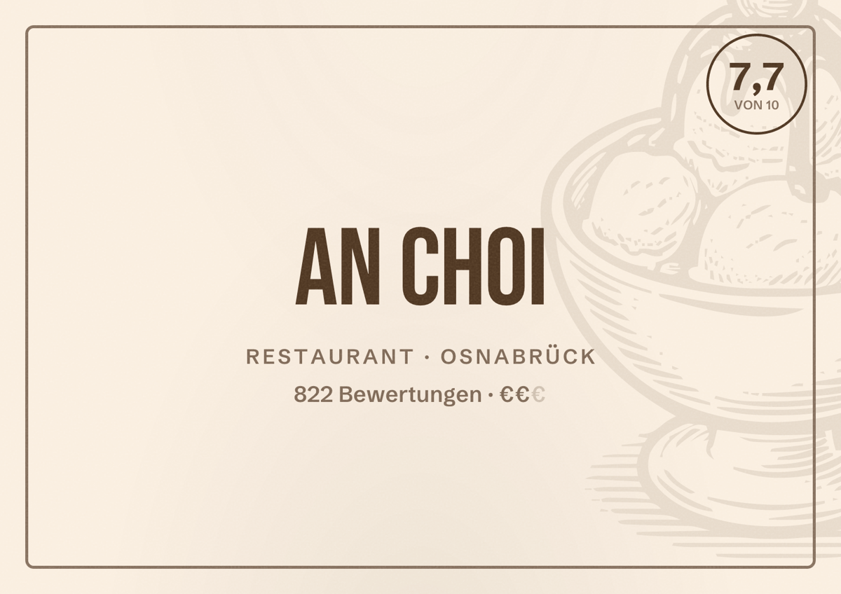 Illustriertes Poster von An Choi, Restaurant in Osnabrück: Bewertung 7,7 von 10 aus 822 Bewertungen, Preisniveau €€