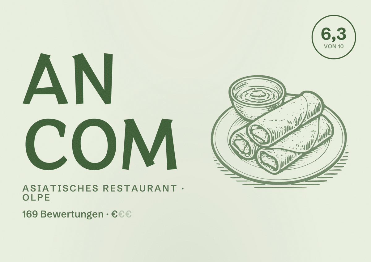 Illustriertes Poster von An Com, Asiatisches Restaurant in Olpe: Bewertung 6,3 von 10 aus 169 Bewertungen, Preisniveau €