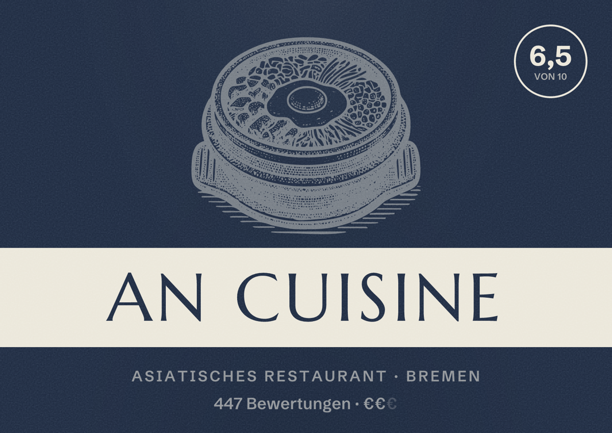 Illustriertes Poster von An Cuisine, Asiatisches Restaurant in Bremen: Bewertung 6,5 von 10 aus 447 Bewertungen, Preisniveau €€