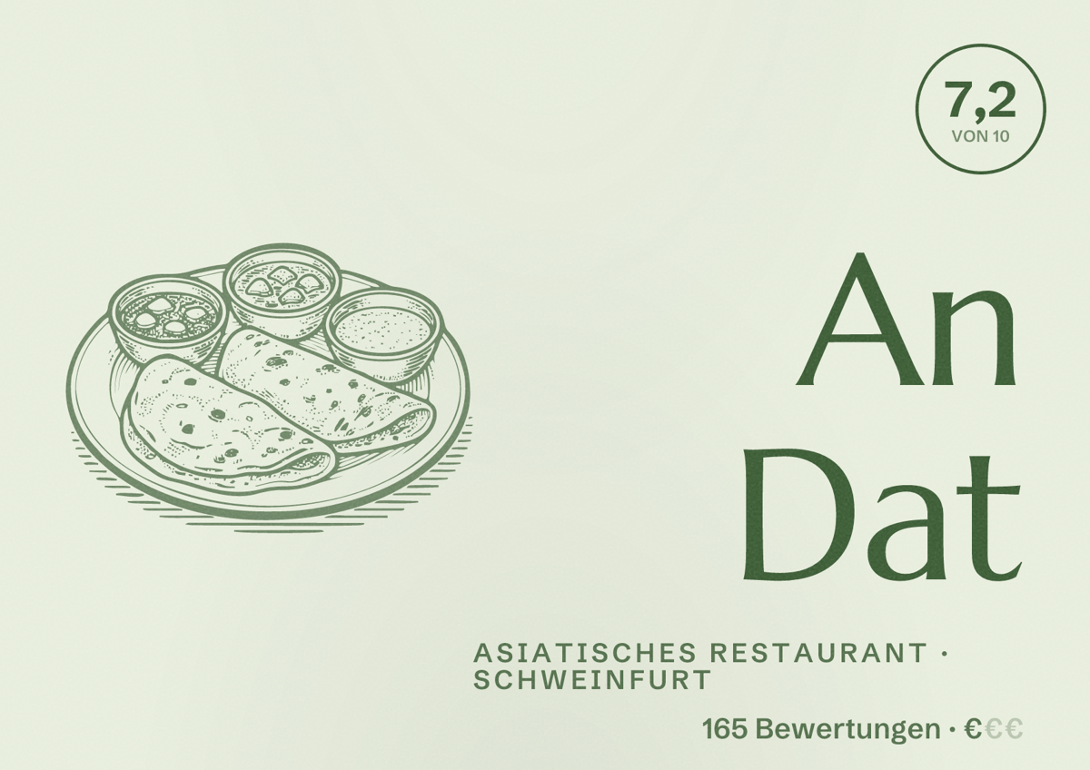 Illustriertes Poster von An Dat, Asiatisches Restaurant in Schweinfurt: Bewertung 7,2 von 10 aus 165 Bewertungen, Preisniveau €
