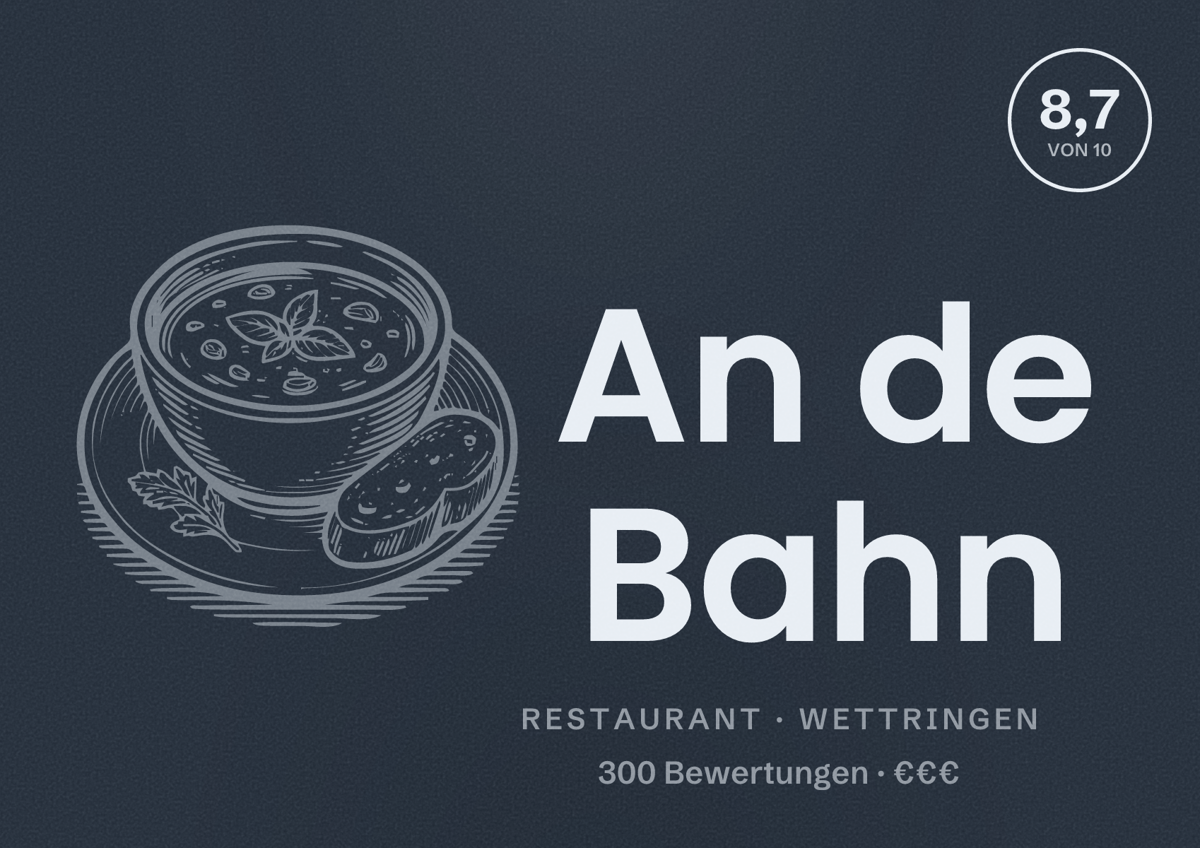 Illustriertes Poster von An de Bahn, Restaurant in Wettringen: Bewertung 8,7 von 10 aus 300 Bewertungen, Preisniveau €€€