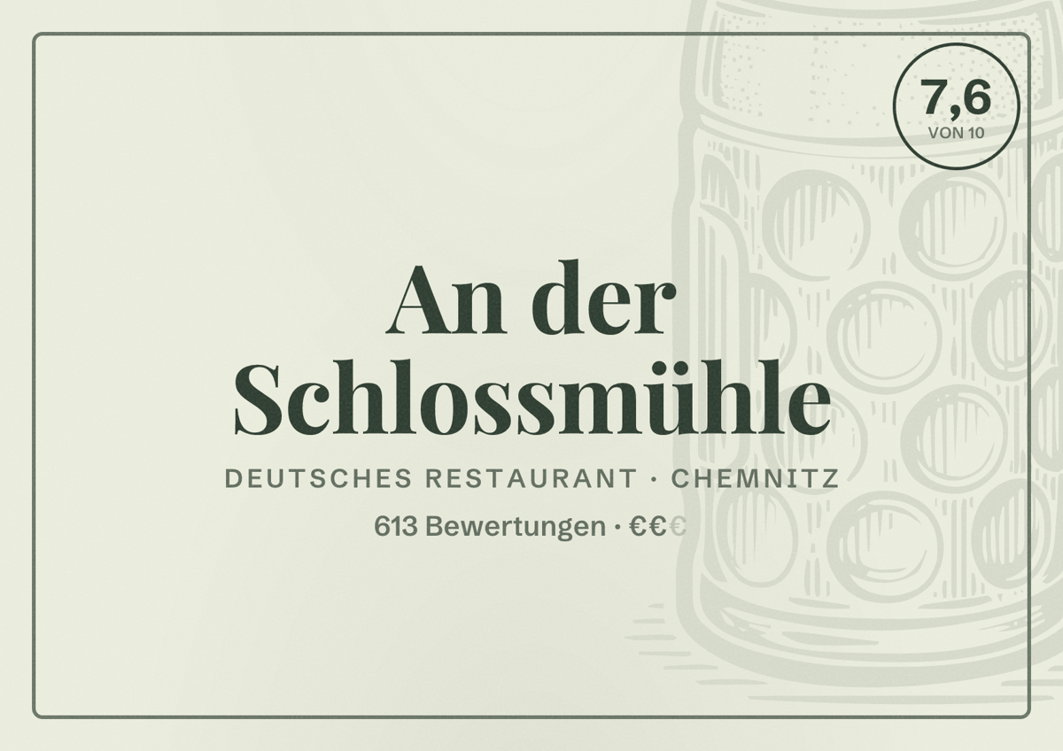 Illustriertes Poster von An der Schlossmühle, Deutsches Restaurant in Chemnitz: Bewertung 7,6 von 10 aus 613 Bewertungen, Preisniveau €€