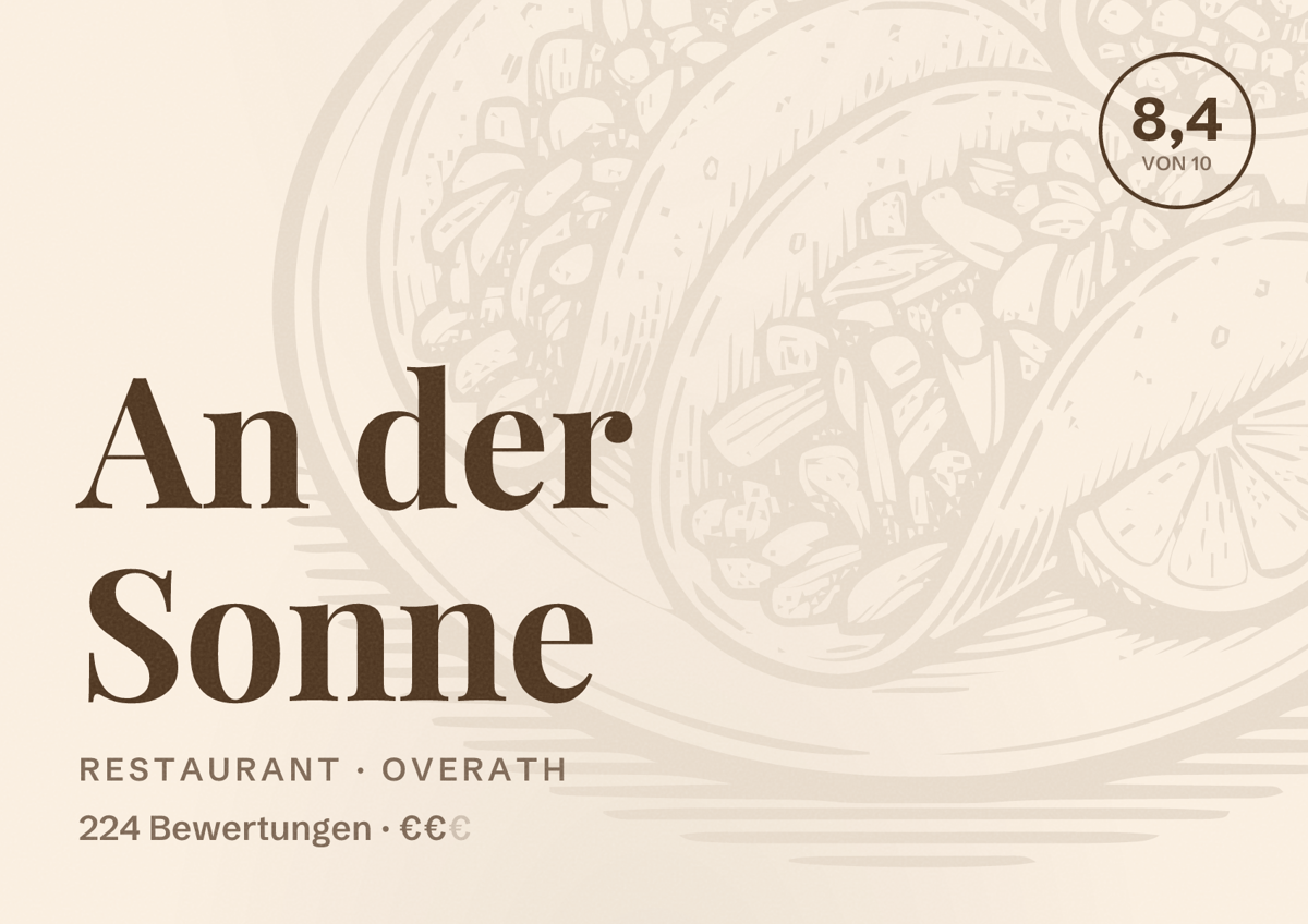 Illustriertes Poster von An der Sonne, Restaurant in Overath: Bewertung 8,4 von 10 aus 224 Bewertungen, Preisniveau €€