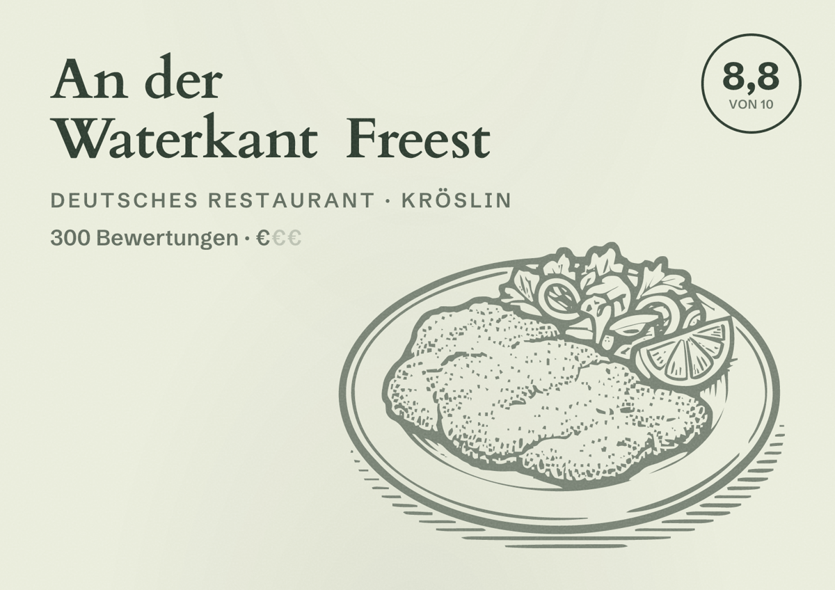 Illustriertes Poster von An der Waterkant Freest, Deutsches Restaurant in Kröslin: Bewertung 8,8 von 10 aus 300 Bewertungen, Preisniveau €