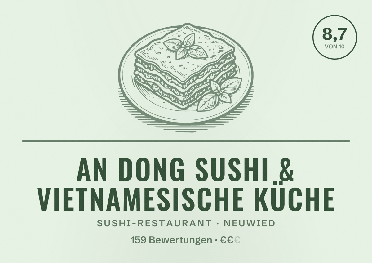 Illustriertes Poster von An Dong Sushi & Vietnamesische Küche, Sushi-Restaurant in Neuwied: Bewertung 8,7 von 10 aus 159 Bewertungen, Preisniveau €€