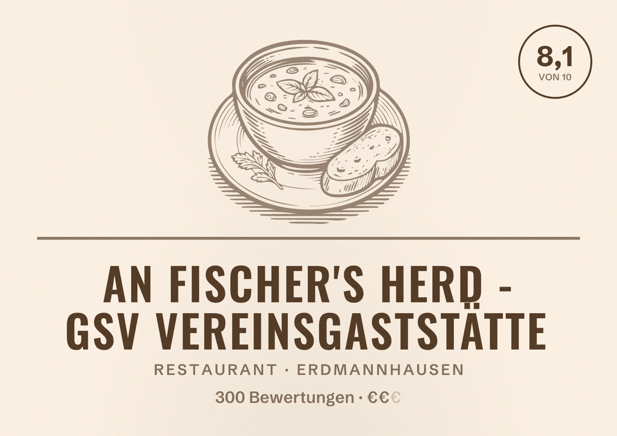 Illustriertes Poster von An Fischer's Herd - GSV Vereinsgaststätte, Restaurant in Erdmannhausen: Bewertung 8,1 von 10 aus 300 Bewertungen, Preisniveau €€