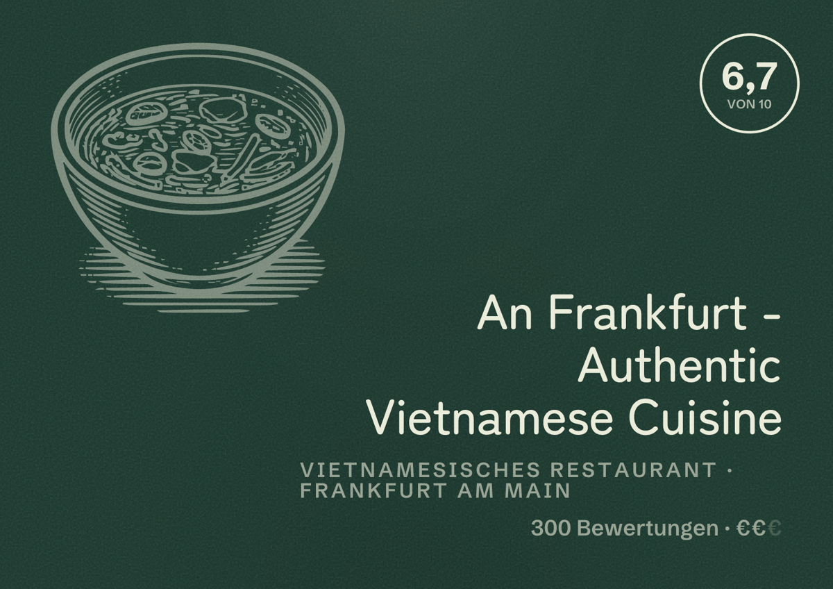 Illustriertes Poster von An Frankfurt - Authentic Vietnamese Cuisine, Vietnamesisches Restaurant in Frankfurt am Main: Bewertung 6,7 von 10 aus 300 Bewertungen, Preisniveau €€