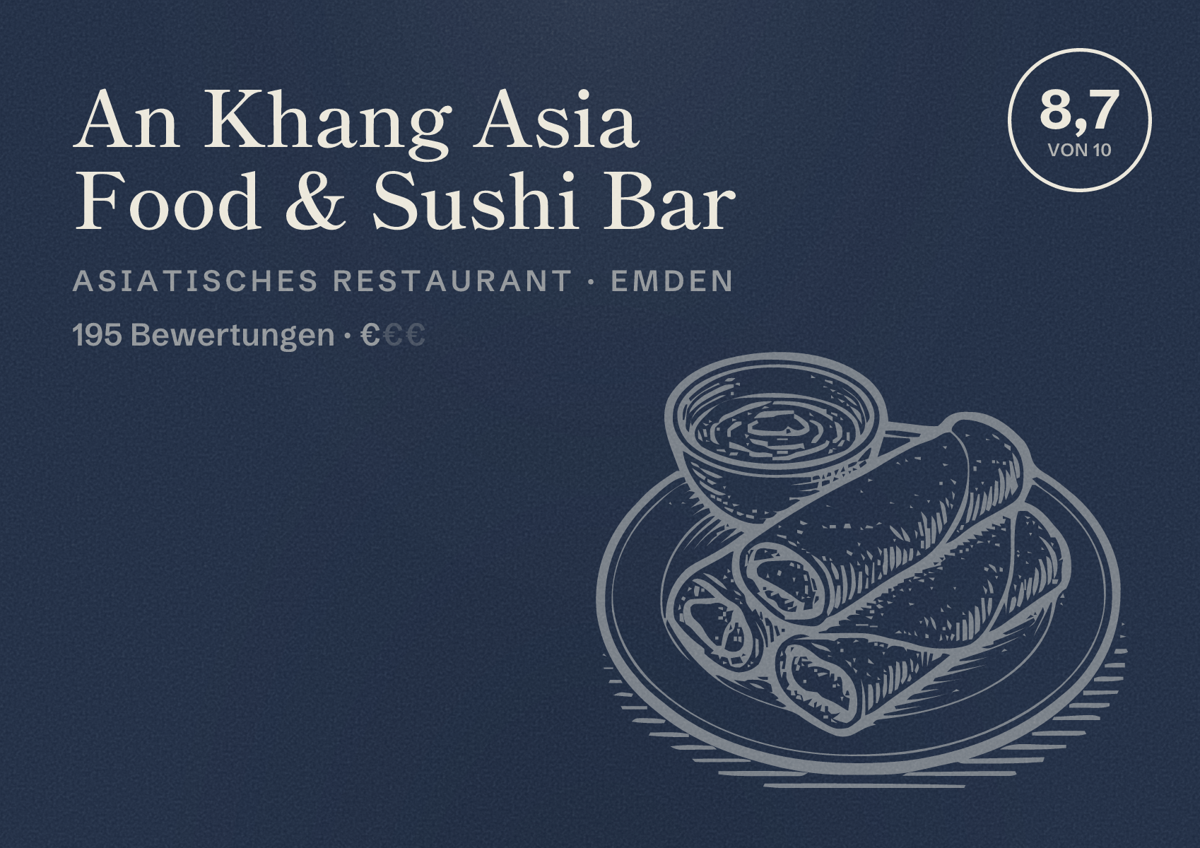 Illustriertes Poster von An Khang Asia Food & Sushi Bar, Asiatisches Restaurant in Emden: Bewertung 8,7 von 10 aus 195 Bewertungen, Preisniveau €