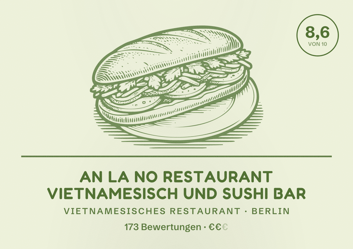 Illustriertes Poster von AN LA NO Restaurant Vietnamesisch und Sushi Bar, Vietnamesisches Restaurant in Berlin: Bewertung 8,6 von 10 aus 173 Bewertungen, Preisniveau €€