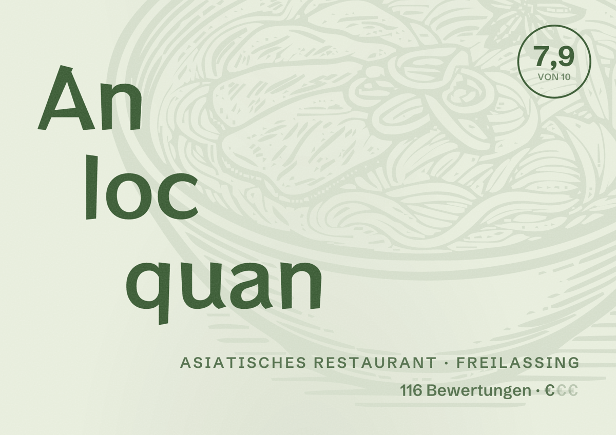 Illustriertes Poster von An loc quan, Asiatisches Restaurant in Freilassing: Bewertung 7,9 von 10 aus 116 Bewertungen, Preisniveau €