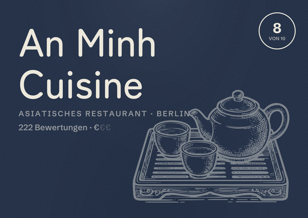 Illustriertes Poster von An Minh Cuisine, Asiatisches Restaurant in Berlin: Bewertung 8,0 von 10 aus 222 Bewertungen, Preisniveau €