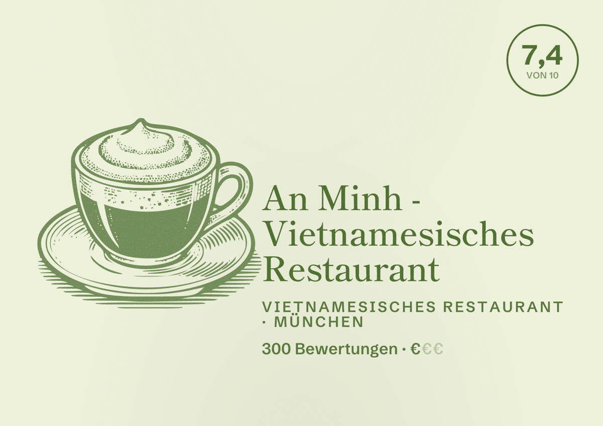Illustriertes Poster von An Minh - Vietnamesisches Restaurant, Vietnamesisches Restaurant in München: Bewertung 7,4 von 10 aus 300 Bewertungen, Preisniveau €