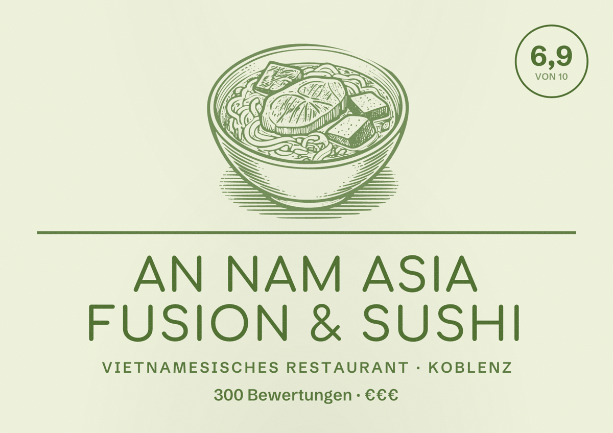 Illustriertes Poster von An Nam Asia Fusion & Sushi, Vietnamesisches Restaurant in Koblenz: Bewertung 6,9 von 10 aus 300 Bewertungen, Preisniveau €€€