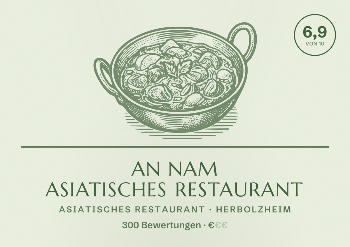 Illustriertes Poster von An Nam asiatisches Restaurant, Asiatisches Restaurant in Herbolzheim: Bewertung 6,9 von 10 aus 300 Bewertungen, Preisniveau €