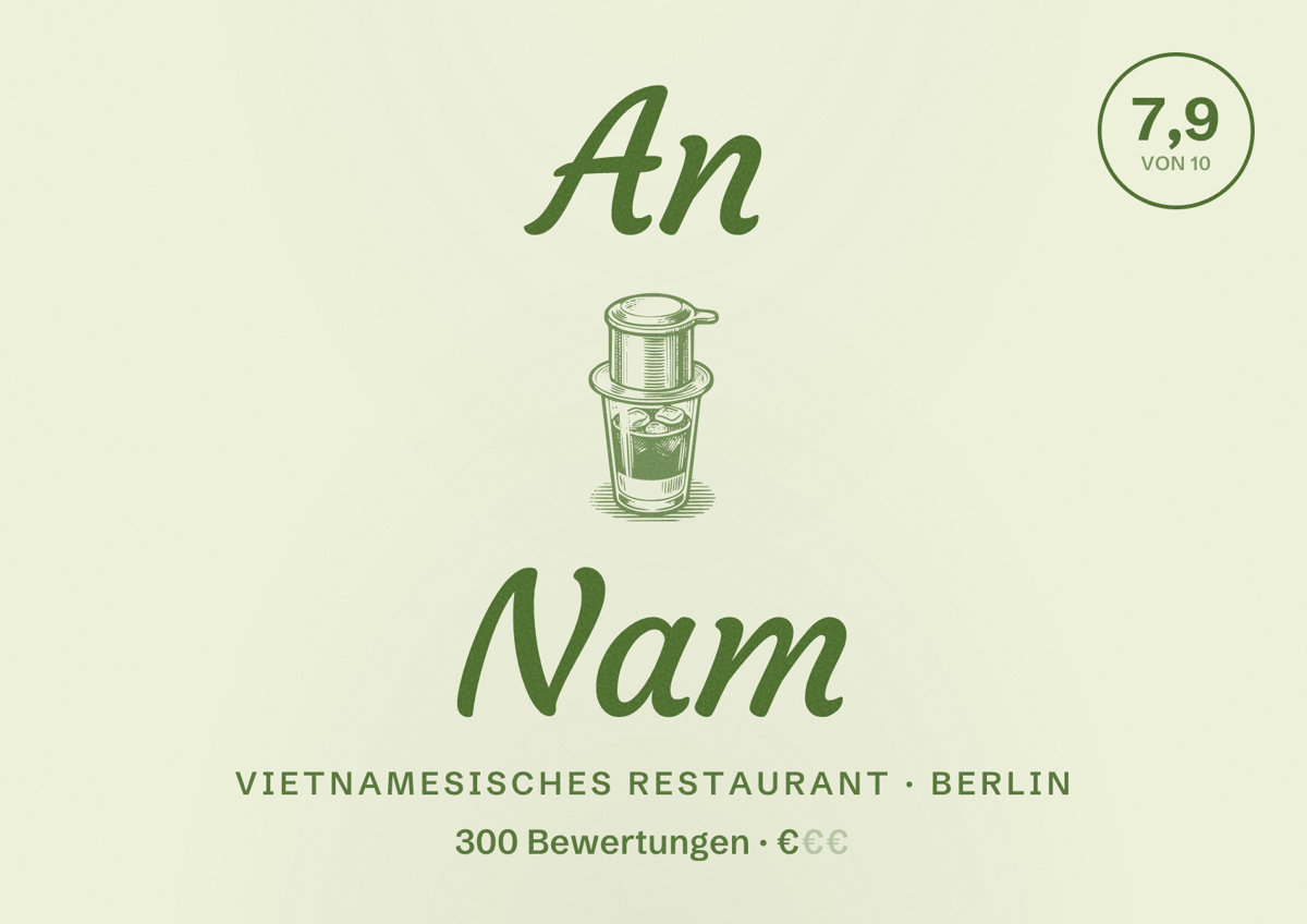 Illustriertes Poster von An Nam, Vietnamesisches Restaurant in Berlin: Bewertung 7,9 von 10 aus 300 Bewertungen, Preisniveau €