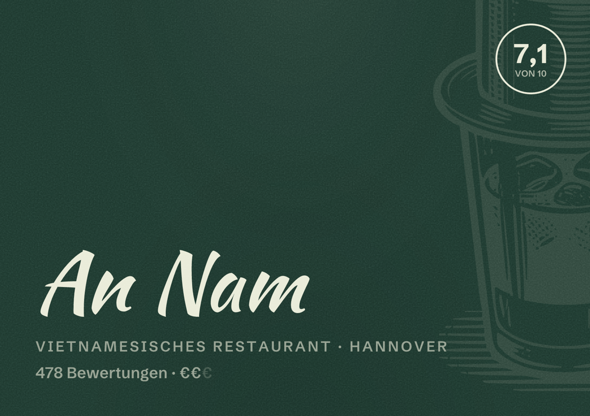 Illustriertes Poster von An Nam, Vietnamesisches Restaurant in Hannover: Bewertung 7,1 von 10 aus 478 Bewertungen, Preisniveau €€
